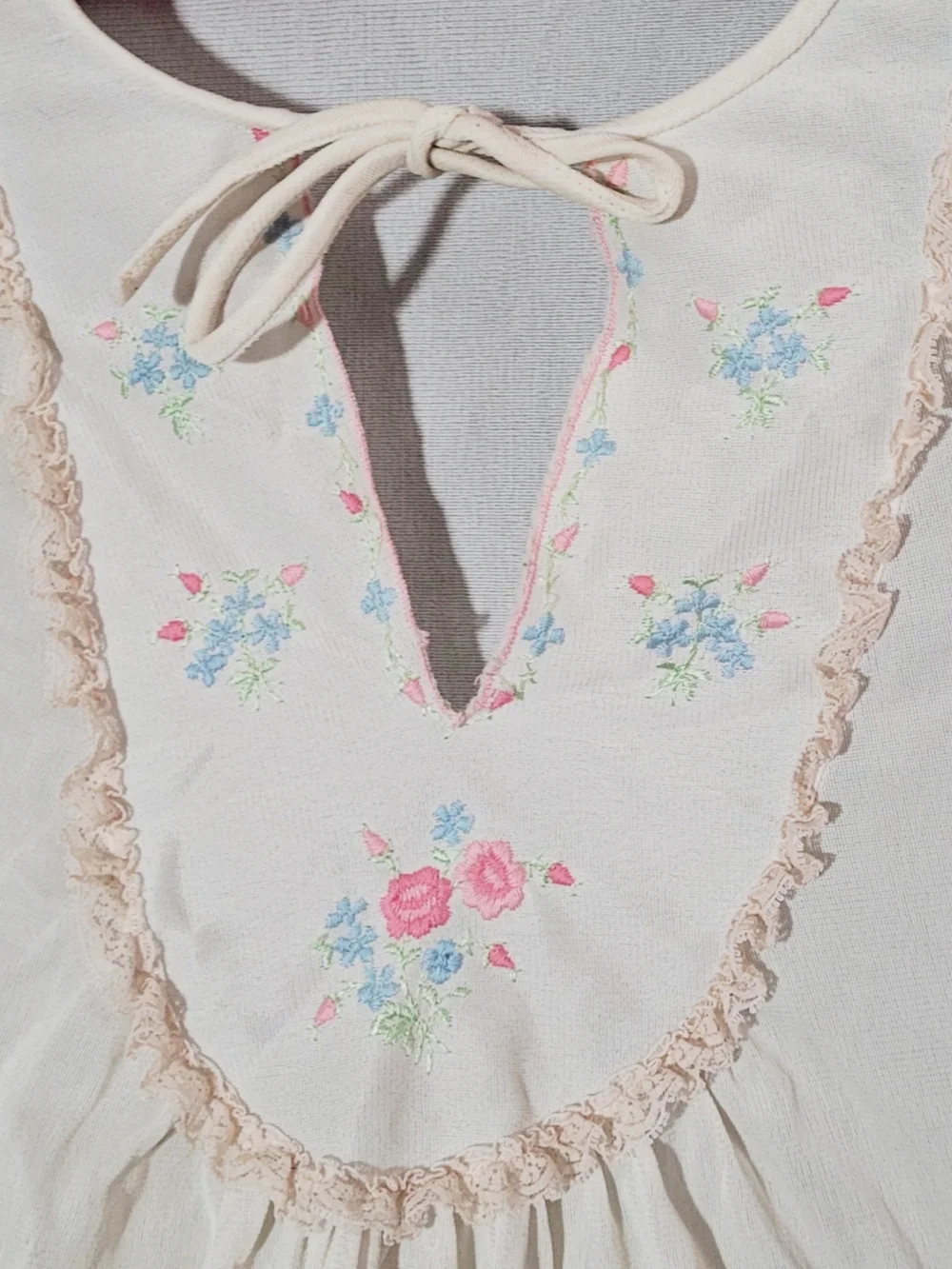 Vintage Cream Maxi Nightgown with Pastel Floral Embroidery - Picture 3 of 4